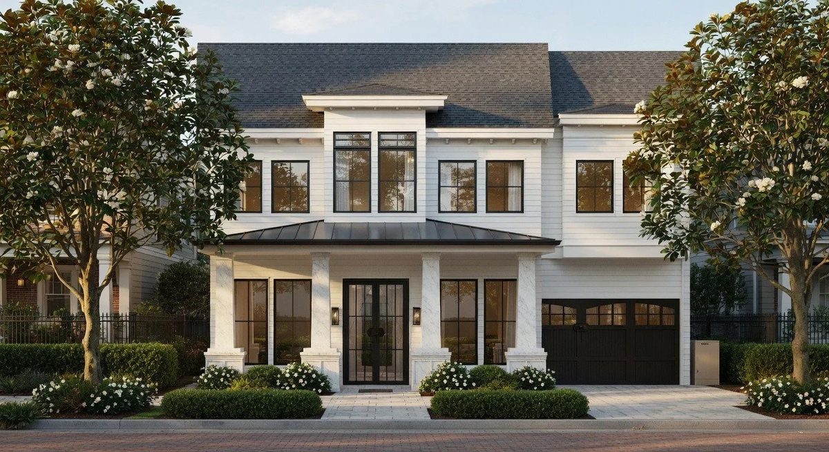 The Heights home — classic white siding with columned porch, black metal roof, and stone driveway